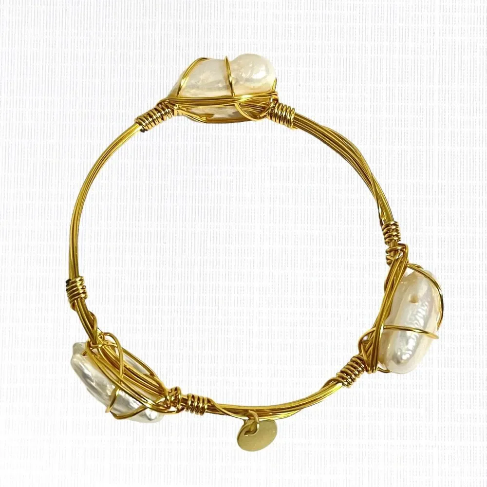 Wire Caged Chunky Pearl Bangle Bracelet Gold Tone Coastal Beach Handcrafted Art